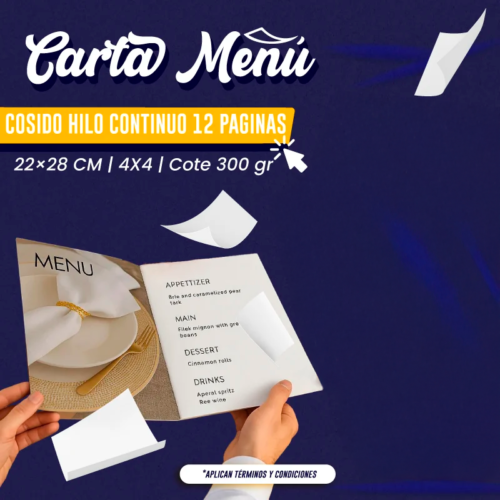 CARTA MENU COSIDO HILO CONTINUO 12 PAGINAS | 22x28 CM | 4X4 | Cote 300 gr