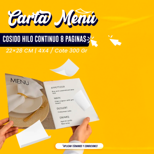CARTA MENU COSIDO HILO CONTINUO 8 PAGINAS | 22x28 | COTE 300 GR