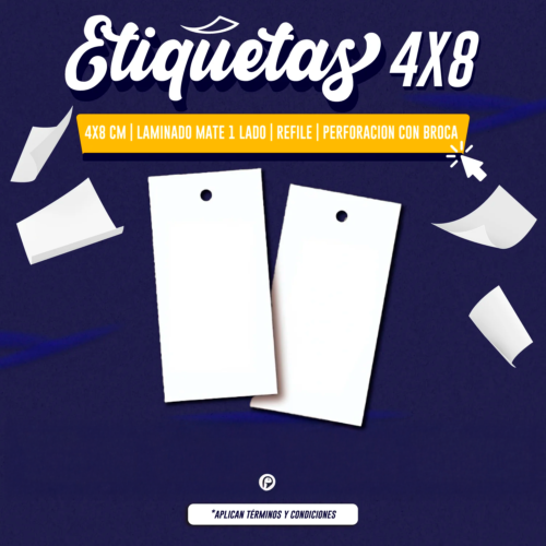 ETIQUETA 4×8 CM | LAMINADO MATE | REFILADO | PERFORACIÓN